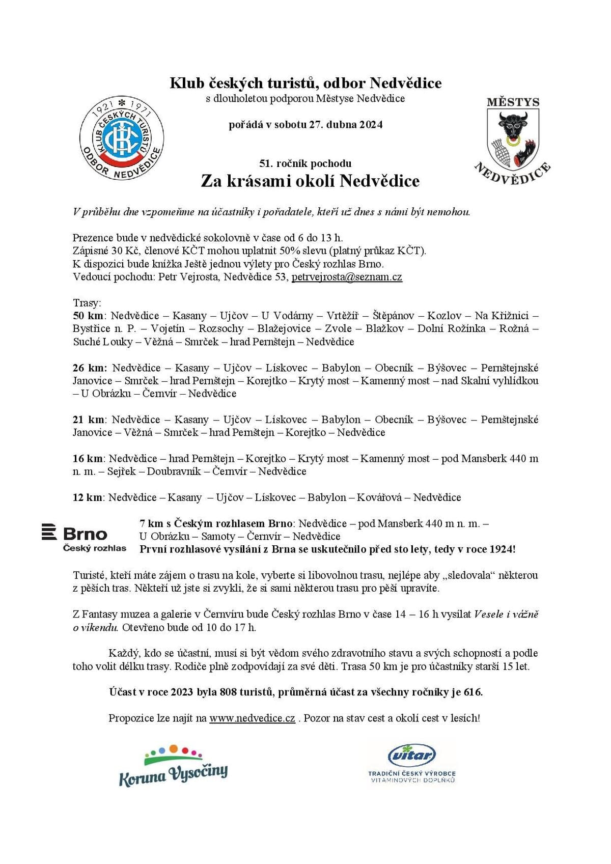 51. ročník pochodu Za krásami okolí Nedvědice